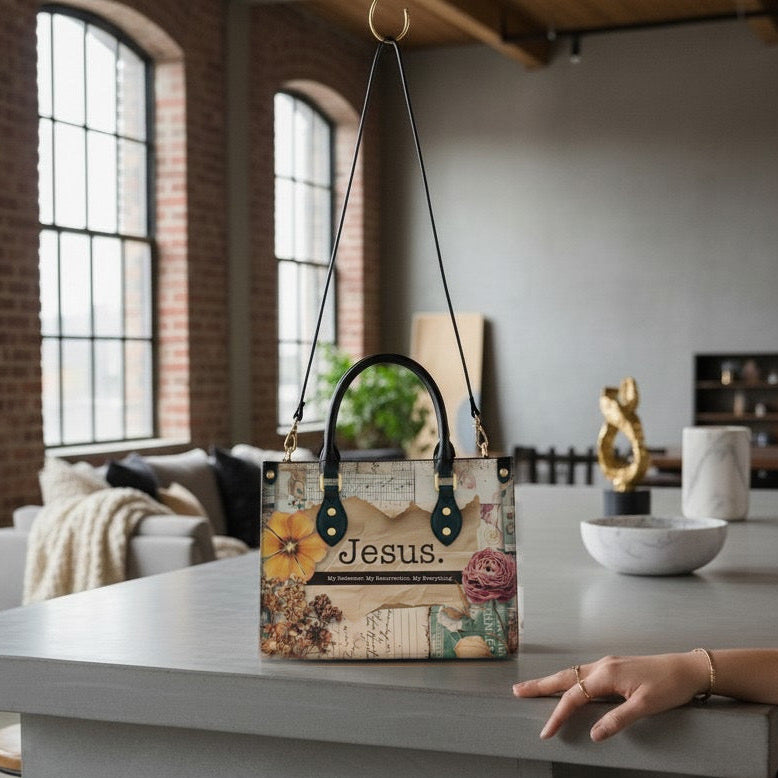 Decorative bag with 'Jesus' text on a kitchen counter