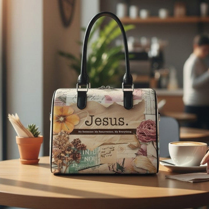 Handbag with 'Jesus' design on a table in a cafe setting
