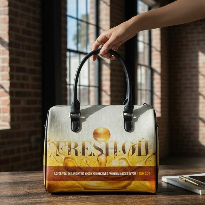Handbag with 'Fresh Oil' design held by a hand in a room with large windows and brick walls.