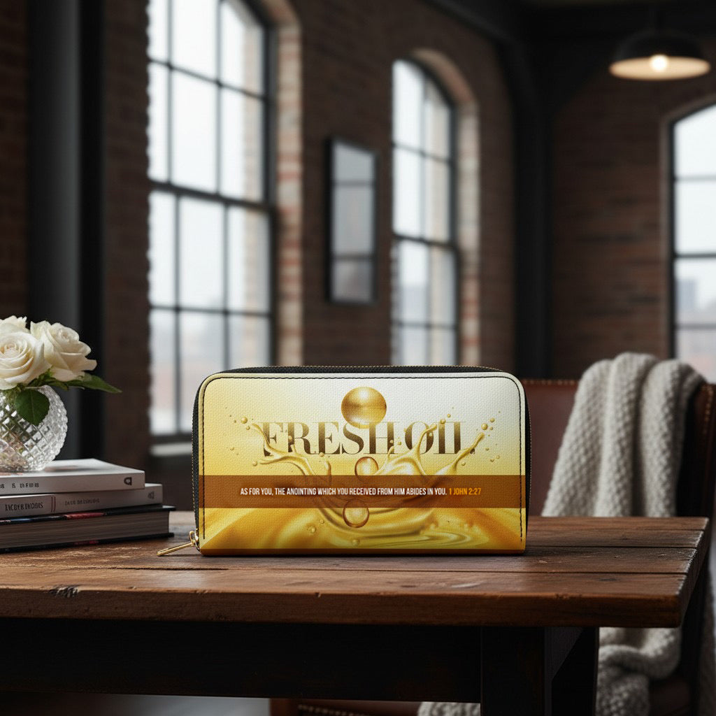 Gold and white product packaging on a wooden table with a blurred background