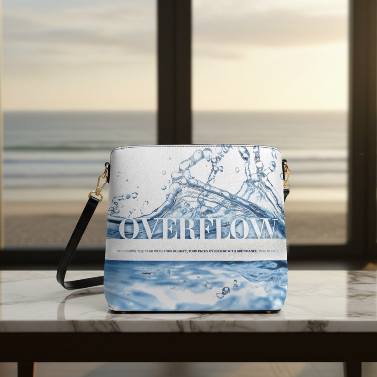 Handbag with 'Overflow' design on a marble surface
