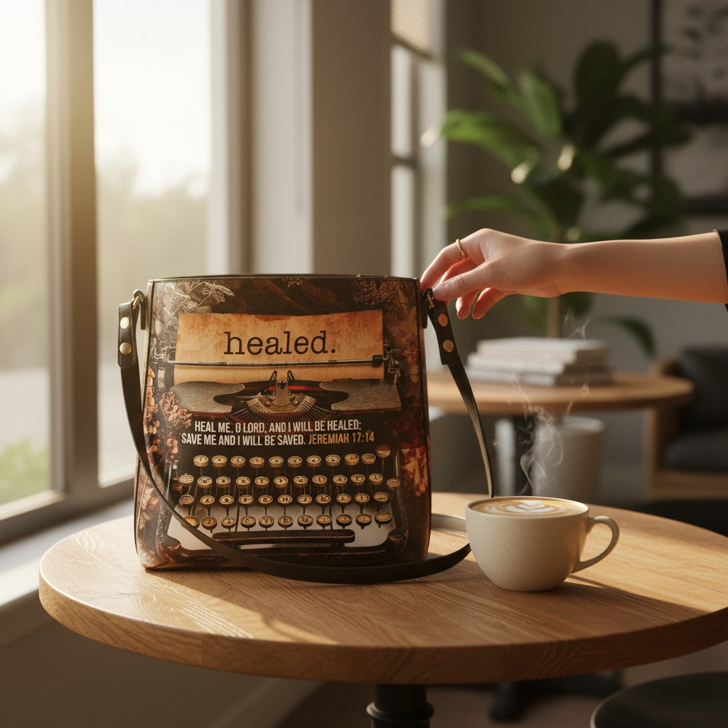 Vintage typewriter with 'healed' message on a wooden table with a cup of coffee.
